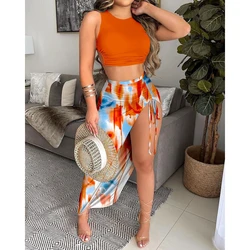 Women's O-Neck Sleeveless Crop Top and Ruched Skirt Set, Tie Dye Print, Drawstring, High Slit, Long Dress Sets, Casual Summer