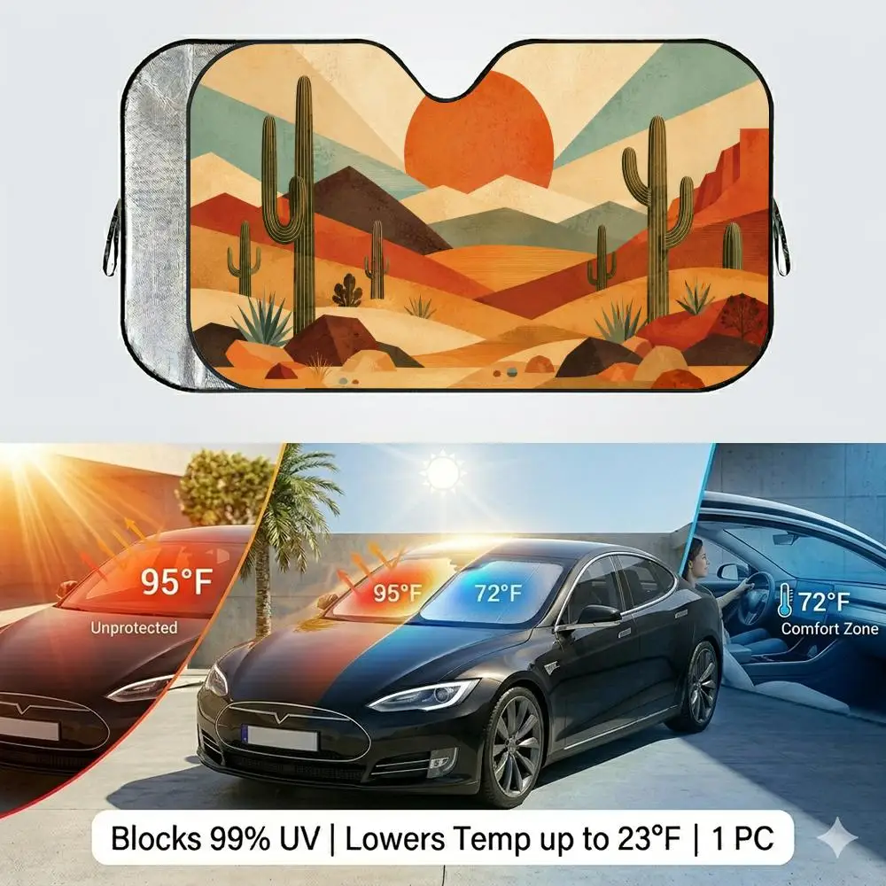 Boho Sunset Desert Sun Cactus Sun Visor Reusable Double-Sided Windshield Sun Visor UV Block Portable Heat Shield Cover