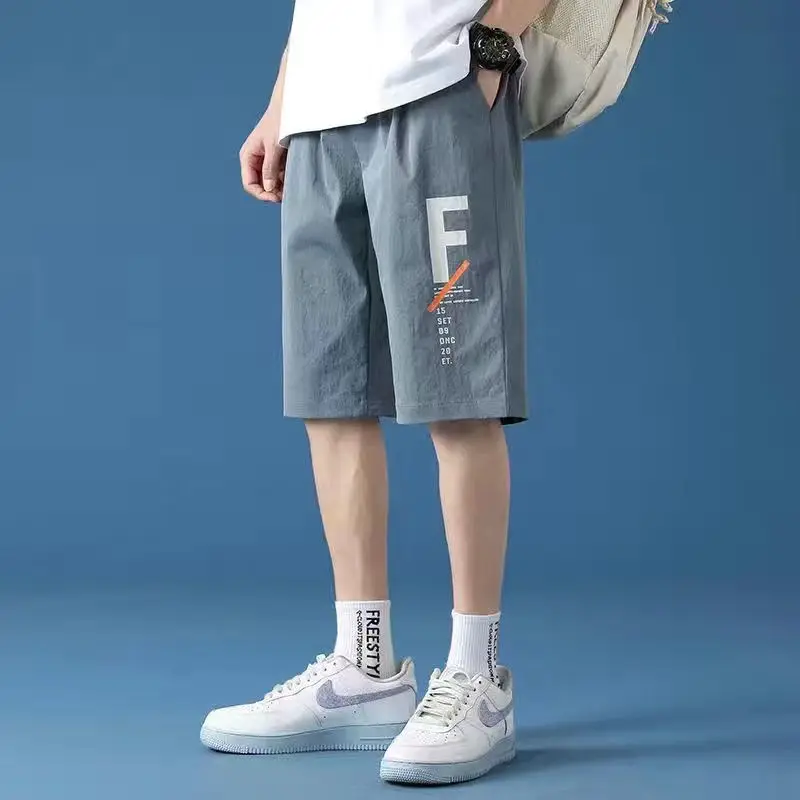 Summer Fashion Korean Casual Sports Shorts Loose Straight Men Elastic Waist Pocket Streetwear Quick Drying Wide Leg Short Pants