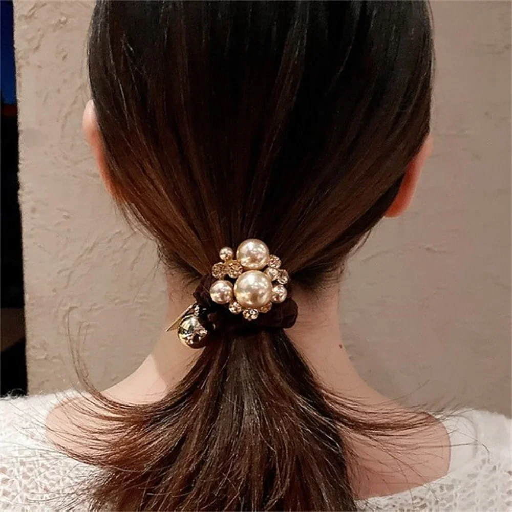 Head Flower Pearl Rhinester Hair Rope Round Ball Head Ring Wrinkled Intestine Ring Women Ponytail Rubber Band Fashion Scrunchies