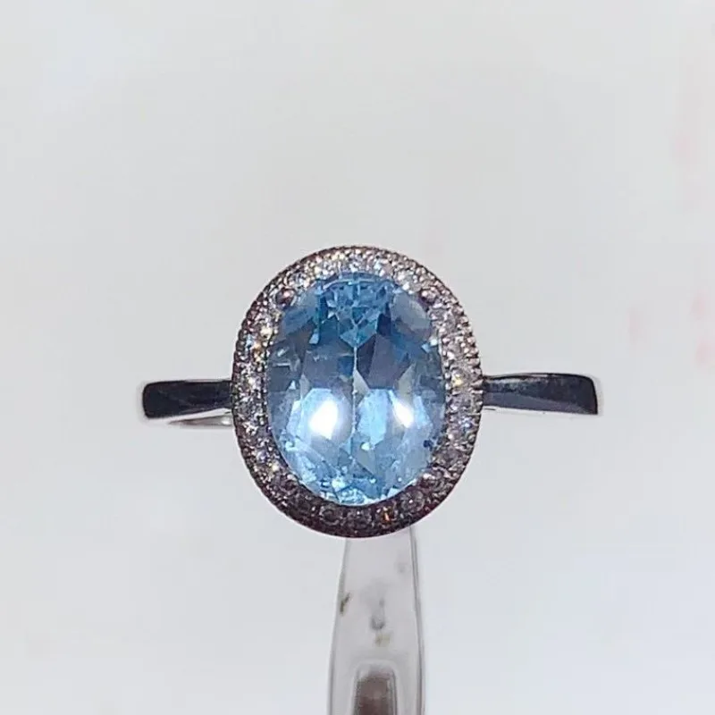 

925 Sterling Silver Natural Blue Topaz Ring 7x9mm Certified Topaz Silver Jewelry Oval Halo Adjustable Gemstone Ring