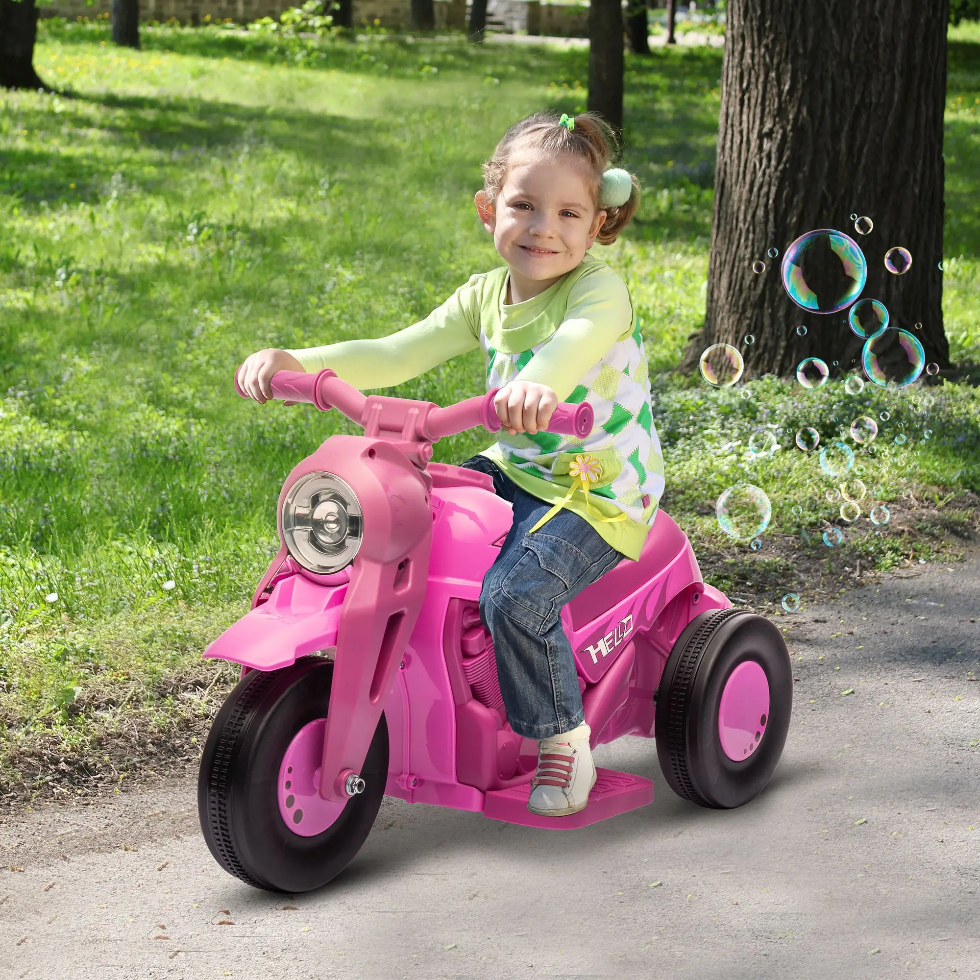 Ride on Bubble Car, motocicleta para niños de 6 V, moto eléctrica de 3 ruedas y 2 MPH para niños pequeños con faro LED, música, adelante