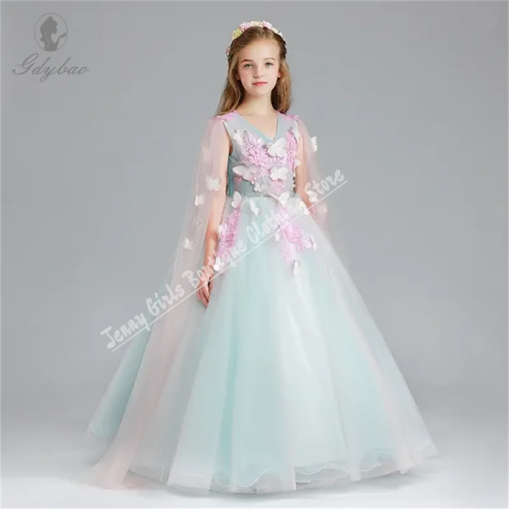 Pink Applique Luxo Princesa Elegante Flor Menina Vestido Para Casamento Puffy Tulle Ball Kids Party Comunhão Vestido De Noite