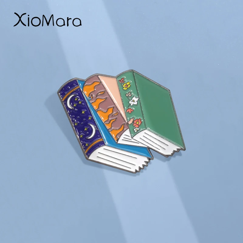 Cute Bookworm Enamel Pins Custom Flowers Night Sky Flame Brooches Lapel Badges Funny Fantasy Book Jewelry Gift for Kids Friends