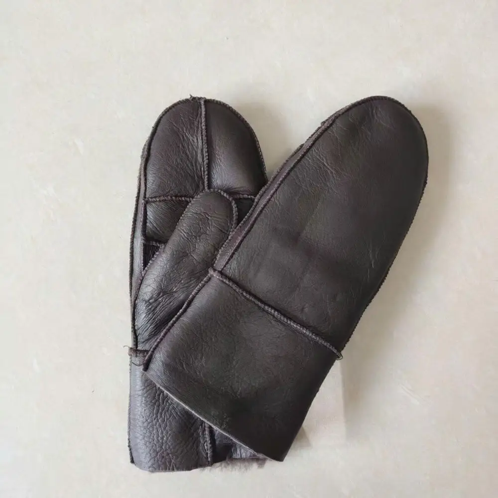 Women Leather Mittens Sheep Fur Integrated Winter Warm Gloves Thick Soft Plush Lined Windproof Outdoor