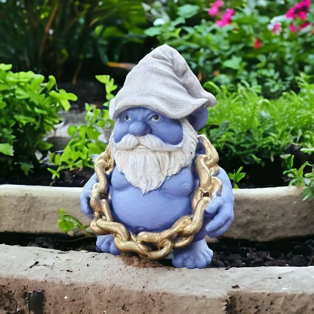 Gnome Gordo Azul com Corrente de Ouro Engraçado Resina Artesanato, Bonito Jardim Ornamento, Estátua Anão Decorativa, Sala de estar