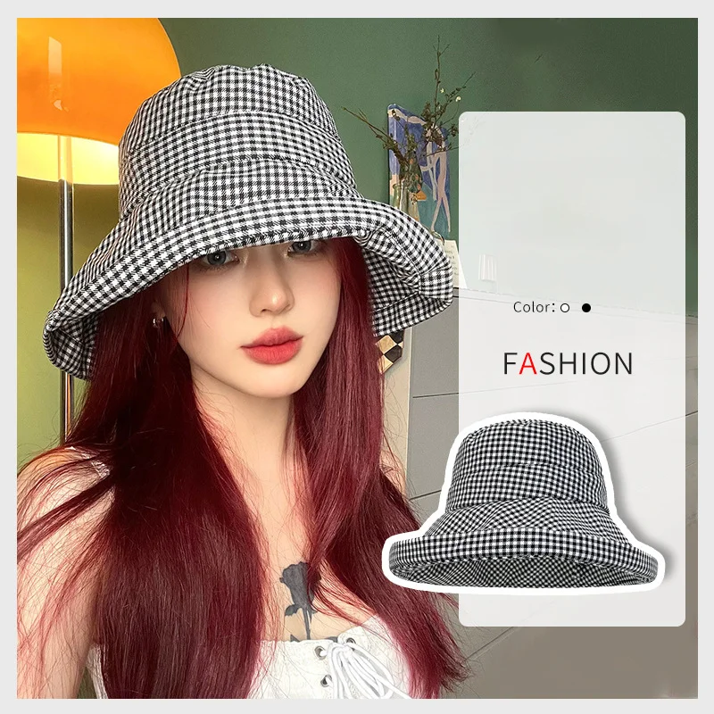 Wide Brim Sun Bucket Hat for Women Designer Spring Summer Unisex Black White Plaid Sunshade Houndstooth Fisherman Basin Gorras