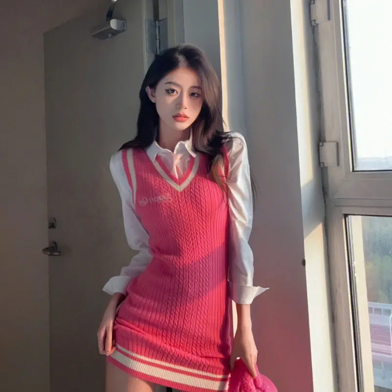 Japan Korea Style Girl College V-neck Knitted Vest Dress Women School Improved School Uniform Girl Uniform Fashion Jk Dress Set