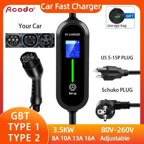 ACODO EV 휴대용 충전기 타입 1 타입 2 GBT 충전기, US Schuko 플러그 월박스 3.5KW, 16A 조정 가능한 4 가지 전류 유형 고속 충전기