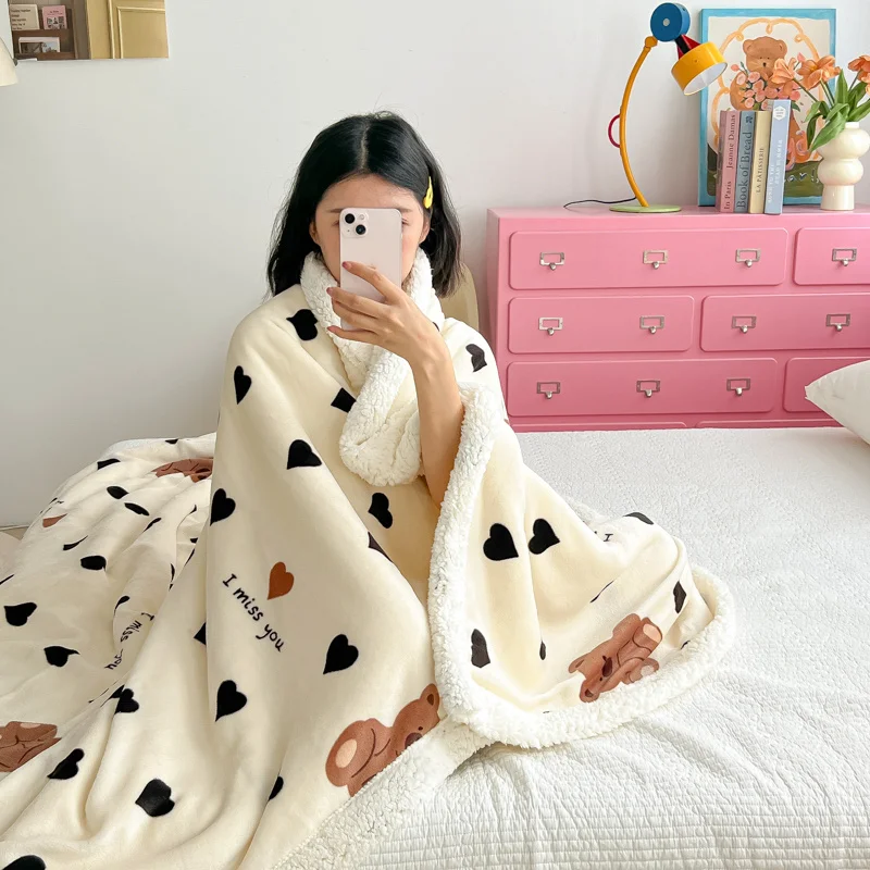 Cartoon Bear Milk Velvet Sofa Throw Blanket, Love Pattern Adult Children Bedroom Decorative Bed Blanket, Office Nap Blankets