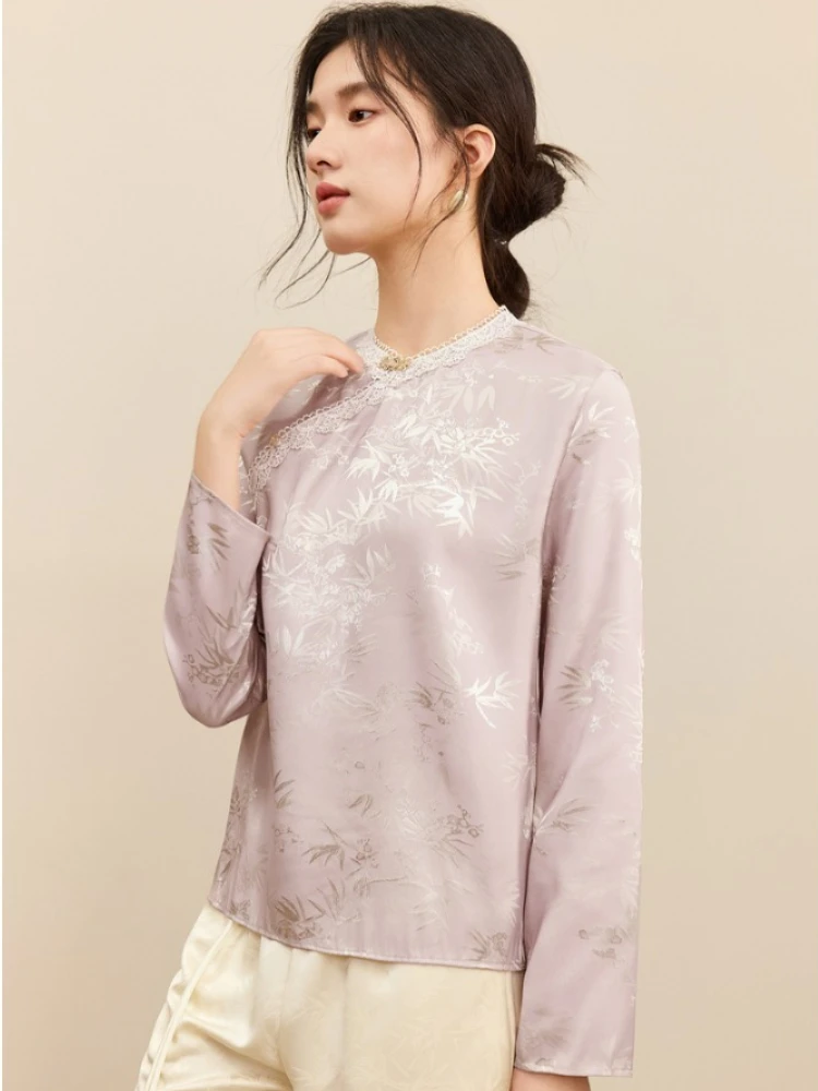 

SENTUBILA женские элегантные рубашки в китайском стиле, осень 2022, жаккардовая атласная рубашка с длинными рукавами и листьями бамбука, топы Q53CJ3433