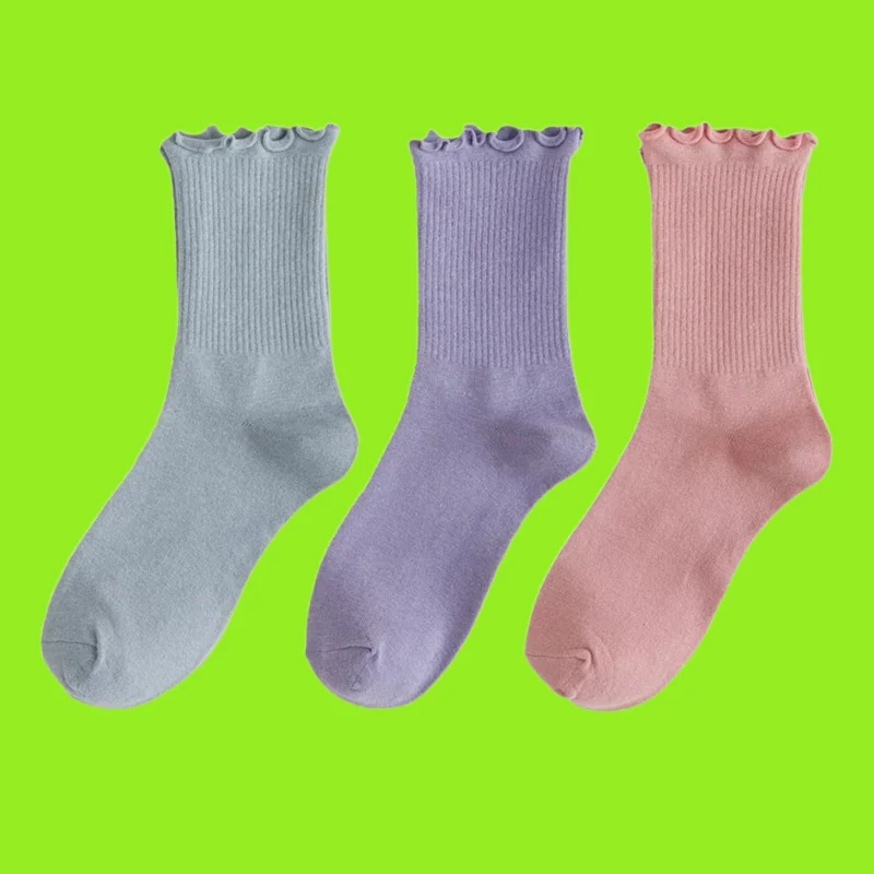 

6/12 Pairs Women Ruffle Lace Cute Socks Cotton Autumn Winter Solid Color Long Breathable 2024 Women High Quality Mid Tube Socks