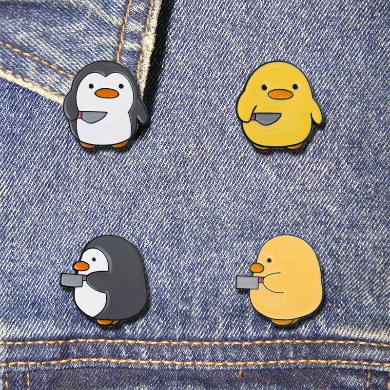 Cute Duck Enamel Pin Duck Holding Knife Dagger Funny Jewelry Lapel Backpack Hat Brooch Badge Gifts for Friends