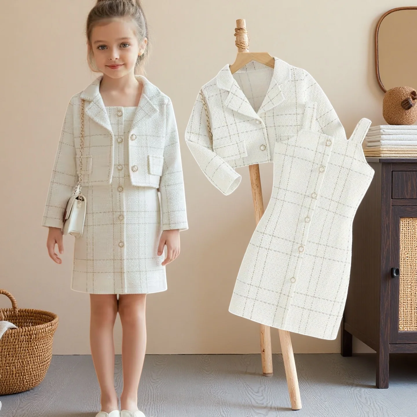 Girls'Dresses  Elegant Two-Piece Set Spring and Autumn Plaid Long-Sleeve Jacket + Sleeveless Dress For Girls Lady'S Wear