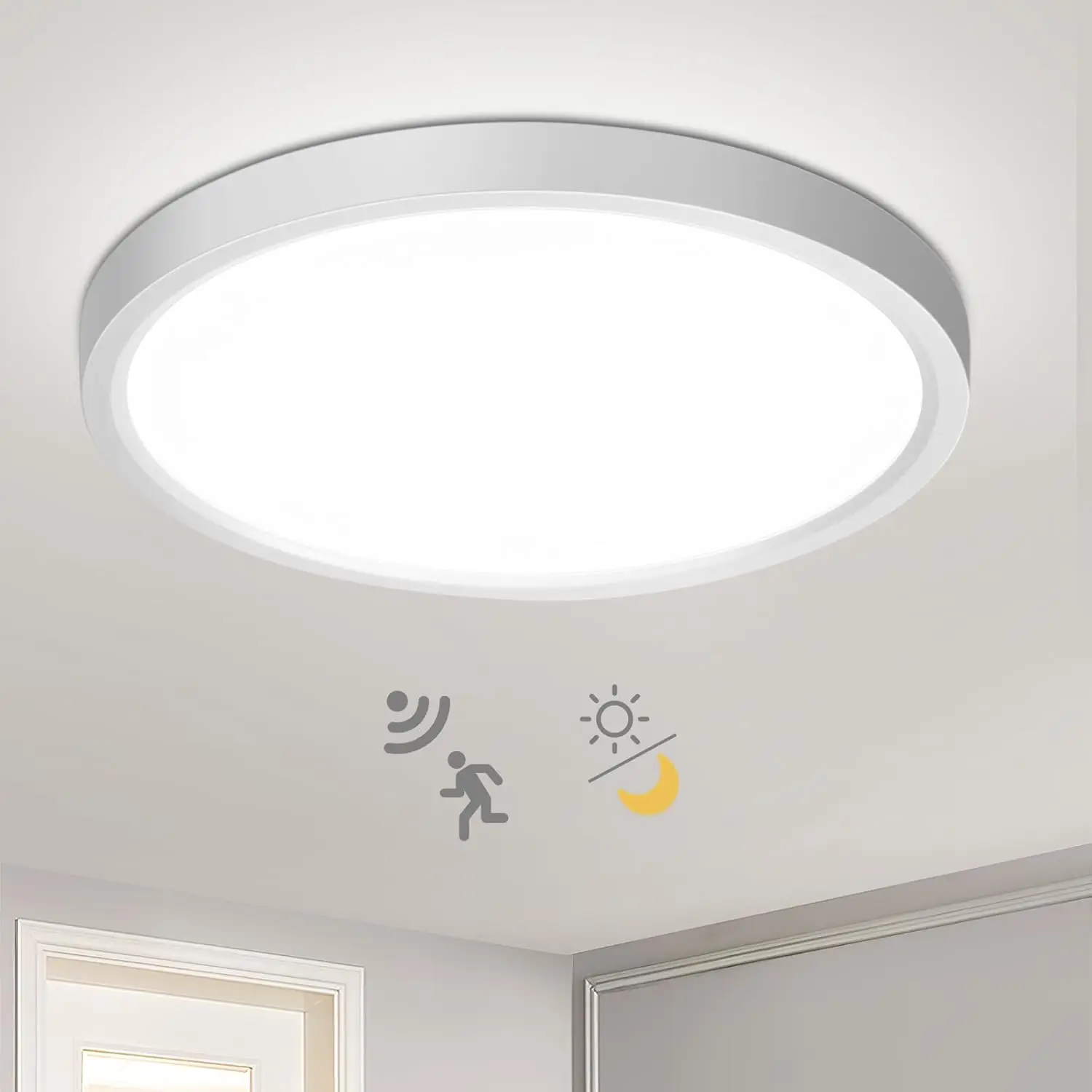 Plafoniera LED rotonda da 18W con sensore di movimento radar, sensore crepuscolare, 4000K 1800LM, lampada da 23cm per corridoio, scala, cantina, cucina