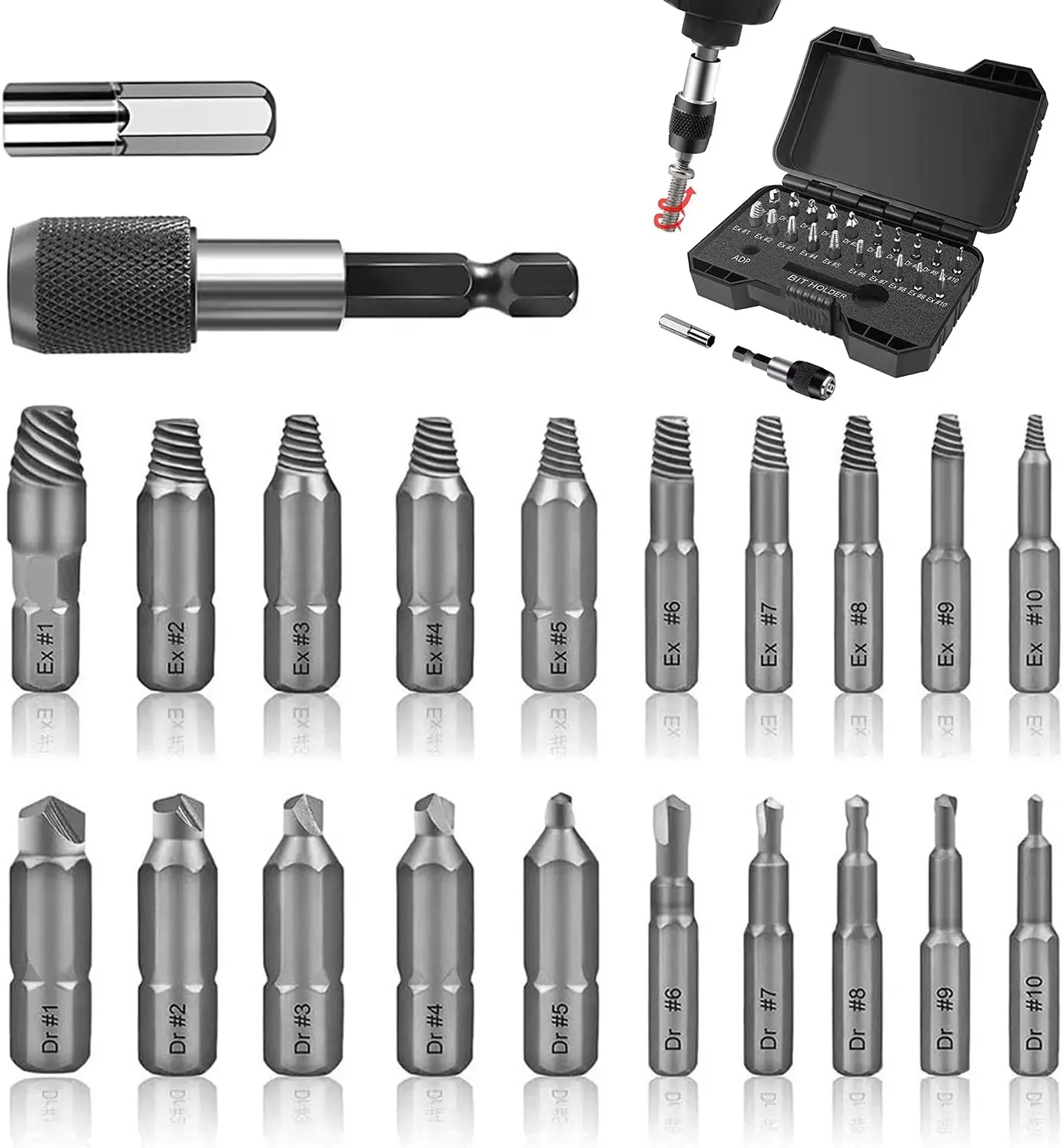 Damaged Stripped Screw Extractor Remover Kit Disassemble Broken Bolt Set with Magnetic Extension Bit Holder and Socket Adapter