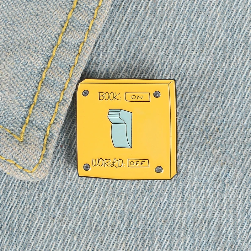 Power Switch Enamel Pin Reading World Brooches Backpack Clothes Lapel Pin Badge Cartoon Fun Jewelry Gift for Kids Friends