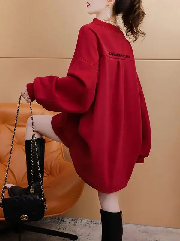 Felpa con cappuccio taglie forti foderata Fce da donna Casual rotonda Ne stampata lunga Sve coreana Sle comoda per il tempo libero