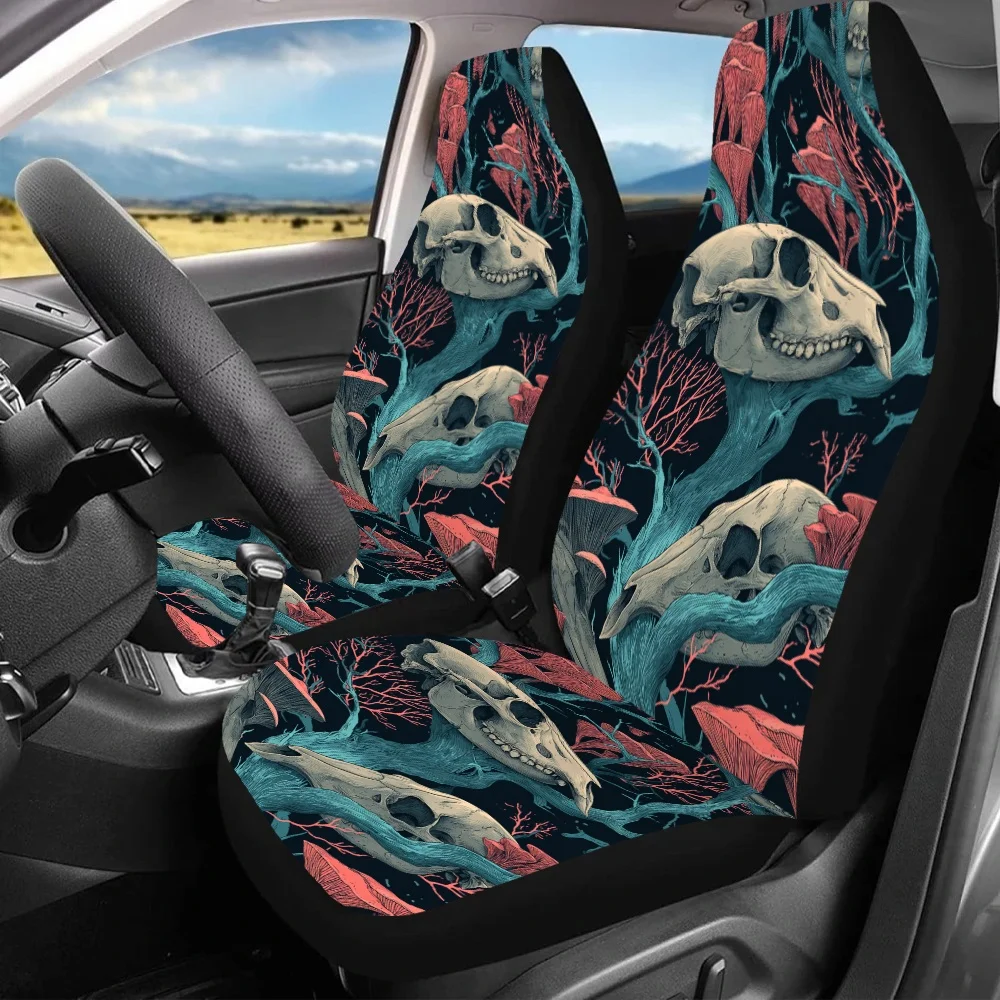 2pcs Gothic Car Seat Covers - Skulls In Eerie Forest Design With Red Eyes & Sharp Teeth, Fit Front Seat Protectors For Cars, SUV