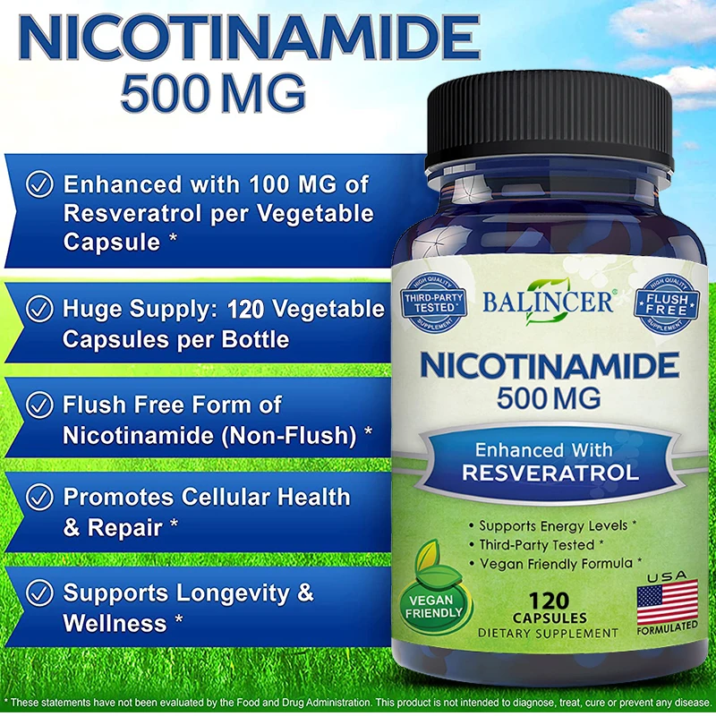 Niacinamida, 500 mg, suplemento de vitamina B3, para cabello saludable, piel y uñas, soporte energético, sin OGM, vegano