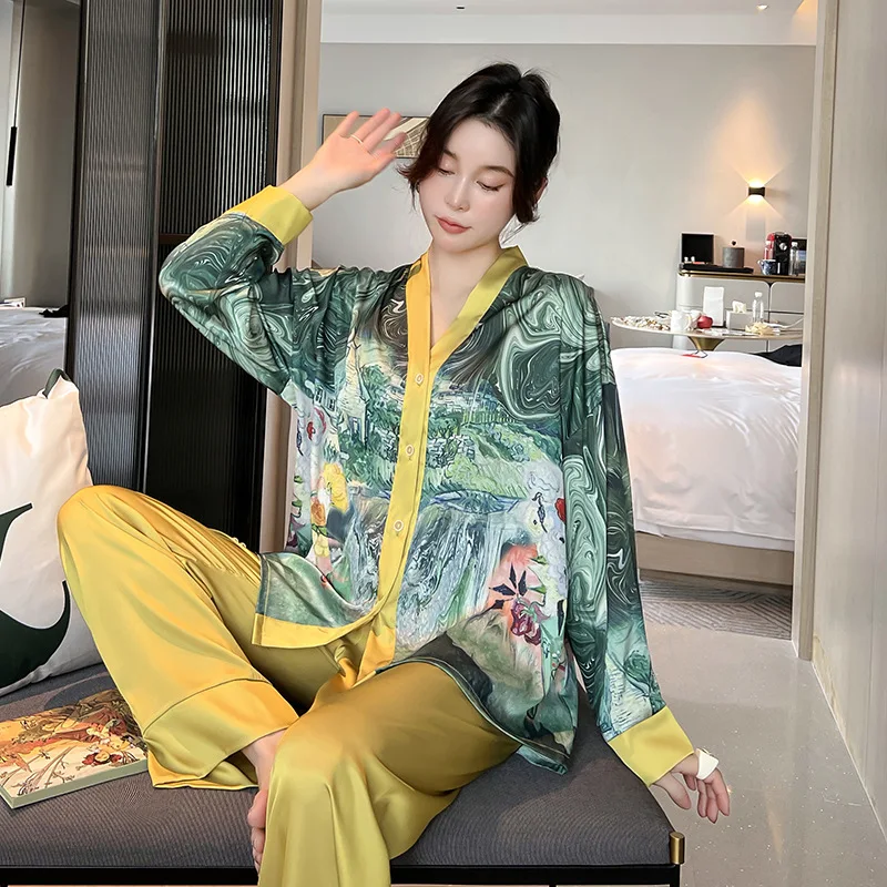 QSROCIO NEW Women\'s Pajamas Set Luxury Style Painting Print Sleepwear Satin Silky Touch Homewear V Neck Nightie Casual Home Suit