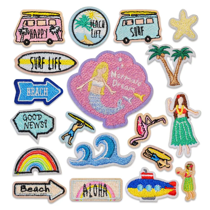 Remendos bordados de cenário tropical, apliques estilo havaiano, emblemas de vida para praia, surf, etiqueta aloha, adesivos de tecido para meninas