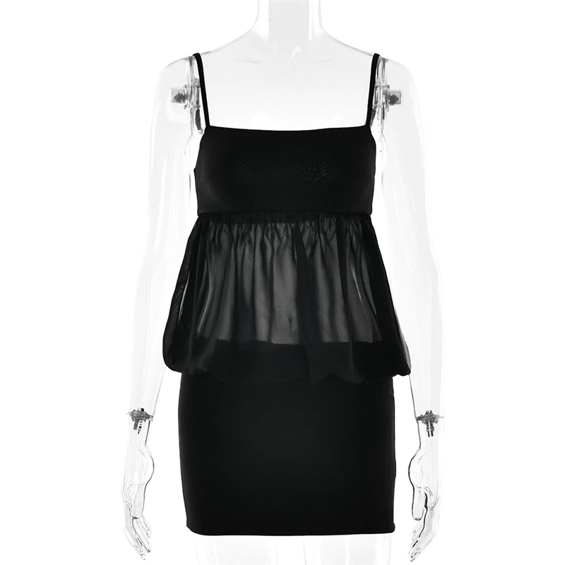 Spaghetti Strap Backless Sexy Mini Dress For Women Elegant Chiffon Sheer Sleeveless High Waist Club Party Outfit For Night Out