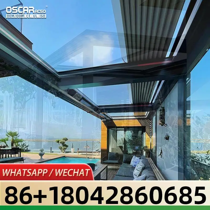 Retractable Remote Controlled Folded Roof Louvered Shade Structure for Patio Garden Backyard pergolas