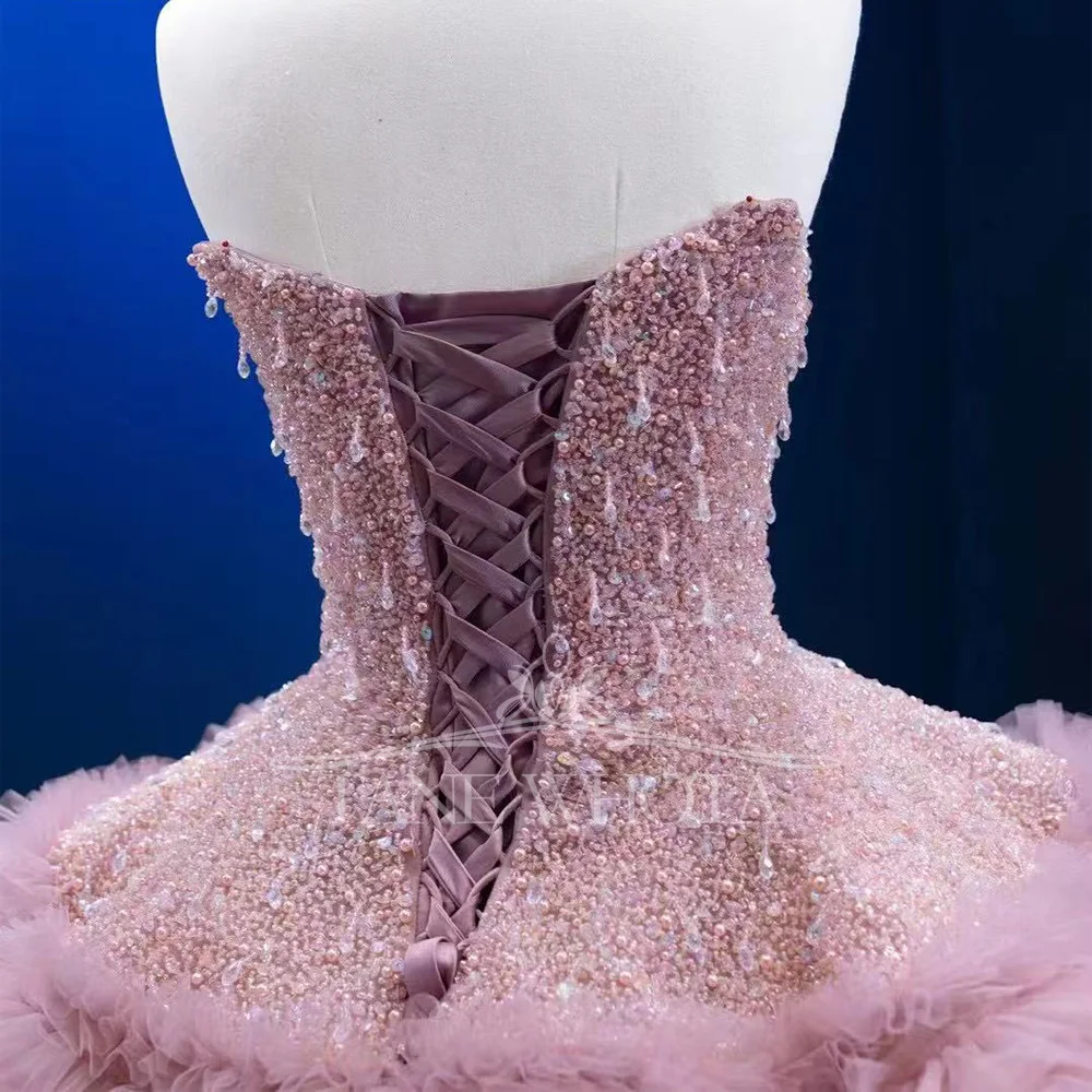 Women's Sweetheart Sleeveless Long Evening Dress Lace Up Back Beaded Crystal Detail Pink Tiered Customizable Prom Gown