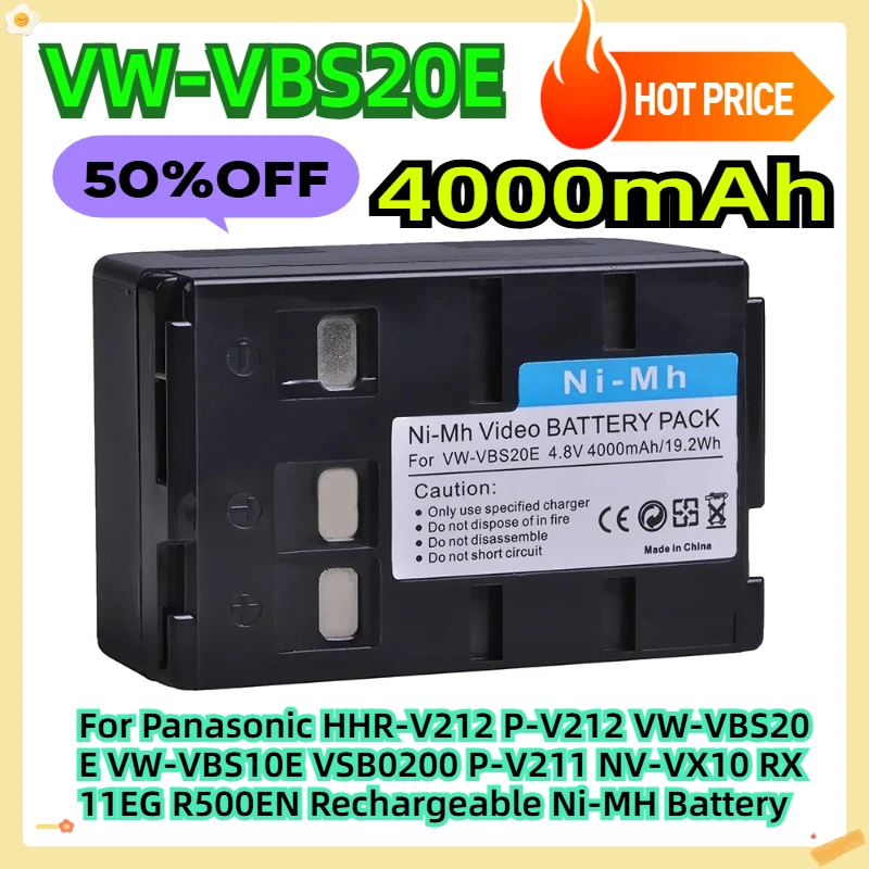 

For Panasonic HHR-V212 P-V212 VW-VBS20E VW-VBS10E VSB0200 P-V211 NV-VX10 RX11EG R500EN Rechargeable Ni-MH Battery 4000mAh
