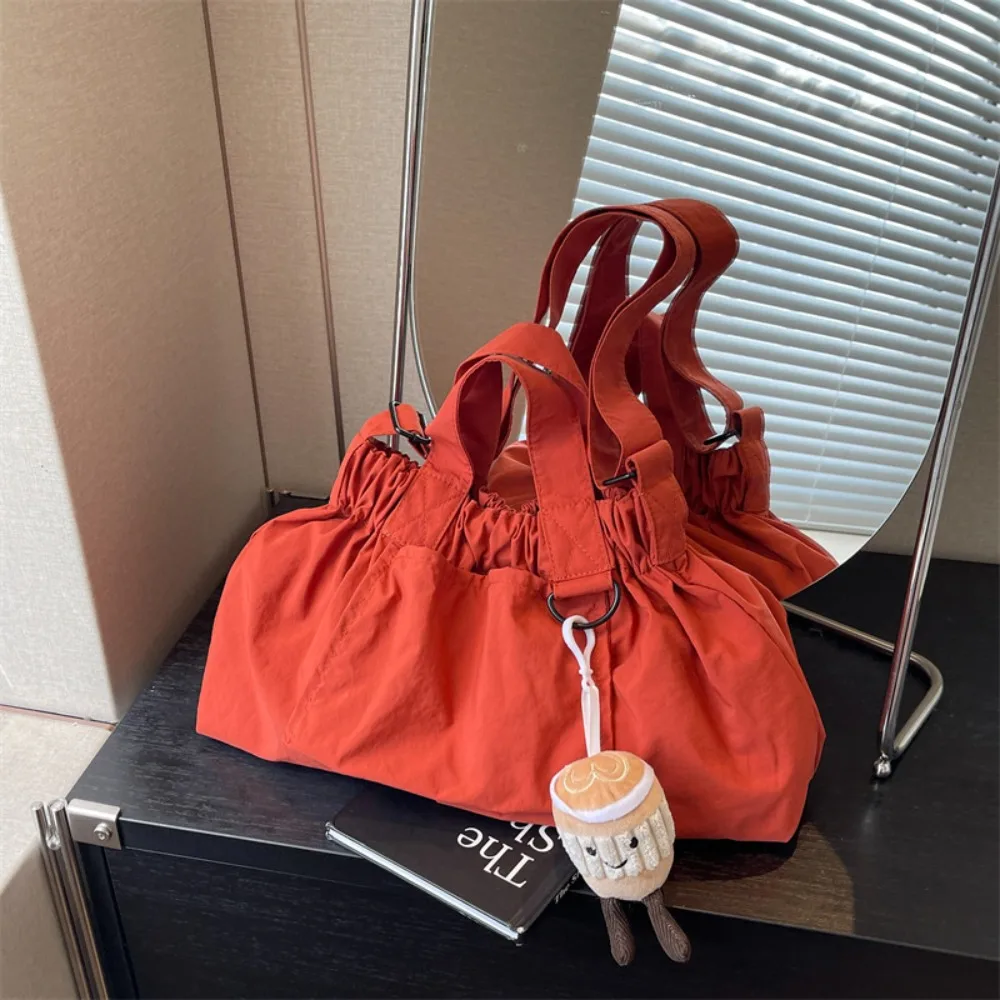 Polyester Canvas Crossbody Bag Pleated Key Ring Contrasting Colors Handbag Plush Doll Pendant Solid Color