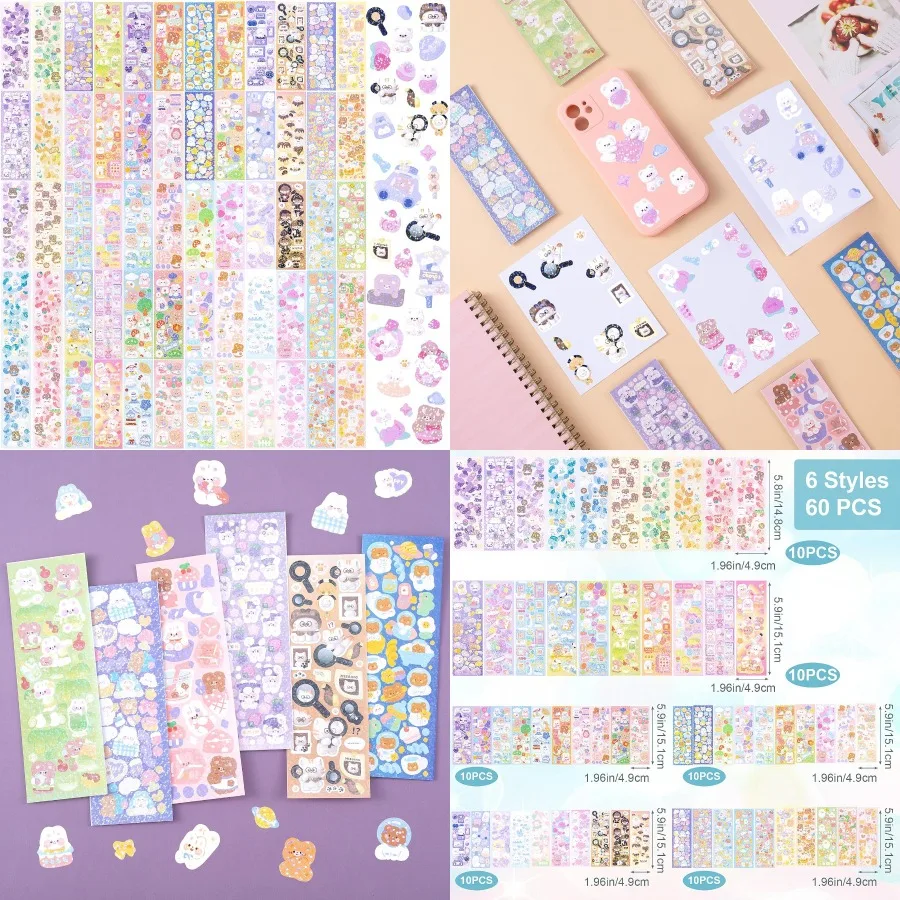 

60 Sheets Korean Stickers Kpop Deco Stickers for Photocard Self Adhesive Colorful Stickers Cute Korean Stickers with Rabbit Bea