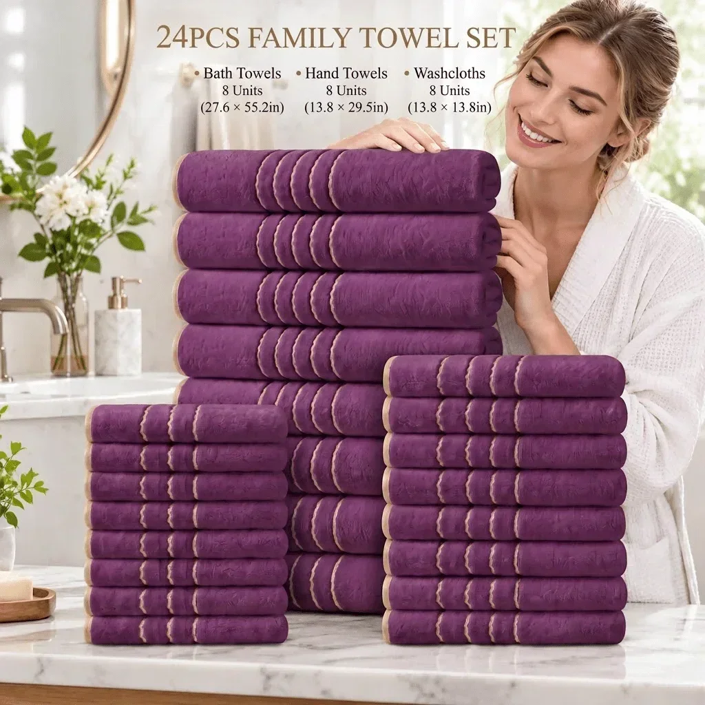 24 Pcs Coral Fleece Towel Set with Gold Embroidered Edges Soft Quick Dry Highly Absorbent Perfect for Home Hotel Spa Gym and Travel Ideal Gift for Housewarming Wedding Mothers Day and Christmas