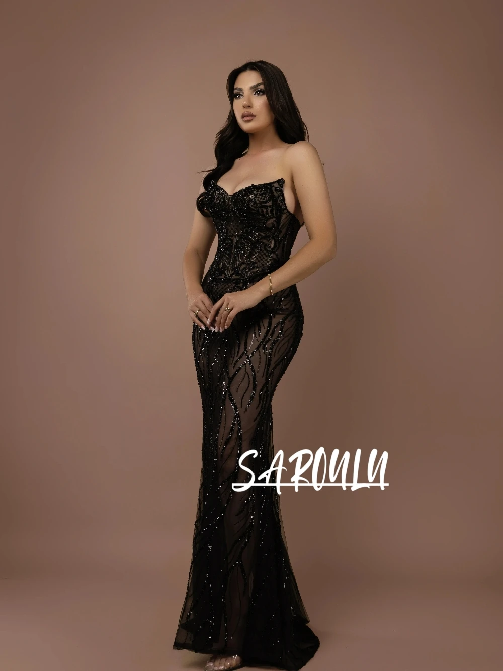 جديد وصول أسود مثير مطرزة مساء اللباس مطرز الوهم Bodycon صالح مخصص كوكتيل ثوب فخم أكمام حزب ارتداء #1