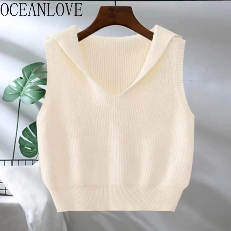 OCEANLOVE Sailor Collar Women Sweaters Solid Autumn Winter Korean Fashion Short Vests Simple Sweet Casual Basics Pullovers