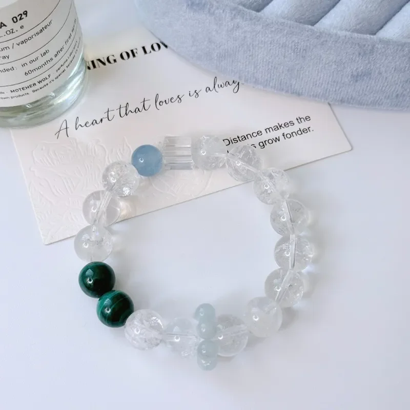 Natural white crystal 10mm white Asai with aquamarine single bead women's bracelet, fashionable and fresh multi-treasure