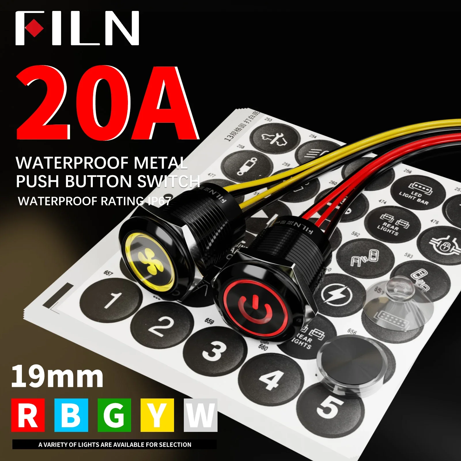 FILN 19mm 2Pcs 12V 24V LED Metal Push Button Switch Stainless Steel Black Dashboard Warning Symbol ON OFF Car Racing Switch
