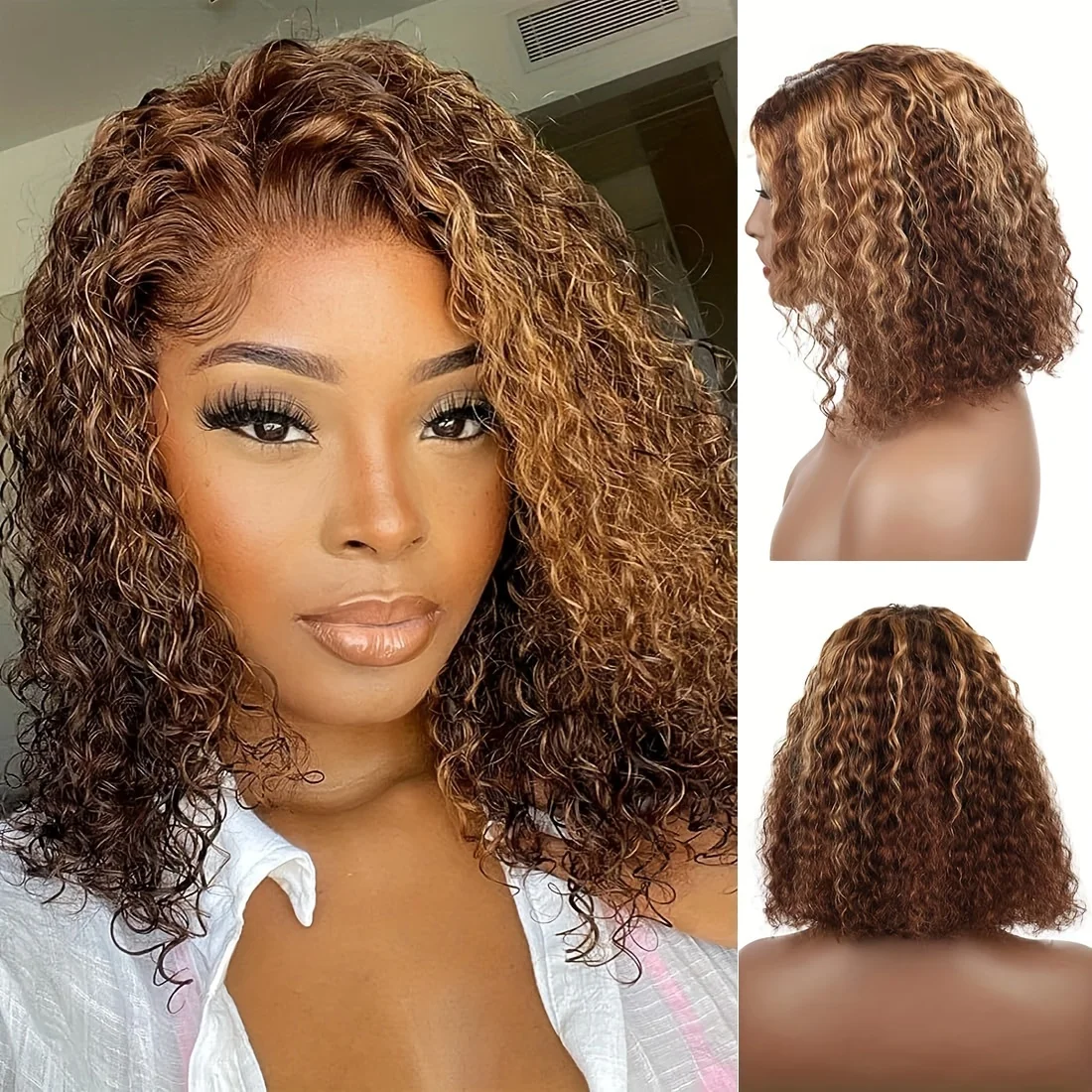 Higlight-Perruque Bob Lace Front Wig Naturelle, Cheveux Humains, Deep Wave, P4/27, 13x4, Pre-Plucked, pour Femme