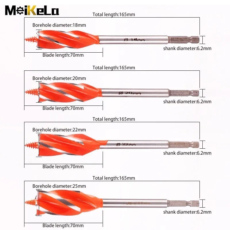 Meikela 10-35mm 1/4\'\' Hex Shank High Speed Steel Auger Drill Bits, 160mm Four-Slot Woodworking Tools Hole Opener Cutter