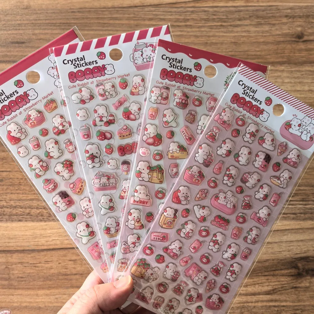

4 Sheets Roary Bear Strawberry Crystal Stickers - Cute Cartoon Bear Decals for DIY Crafts, Journals LanLanStickersWorld