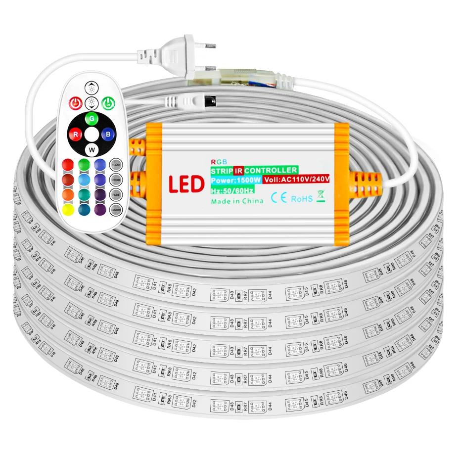 220V EU LED-stripverlichting RGB 4-pins 5050 Superheldere flexibele tape IP67 waterdicht 1m-50m 60LEDs/m met 1500W IR-afstandsbediening
