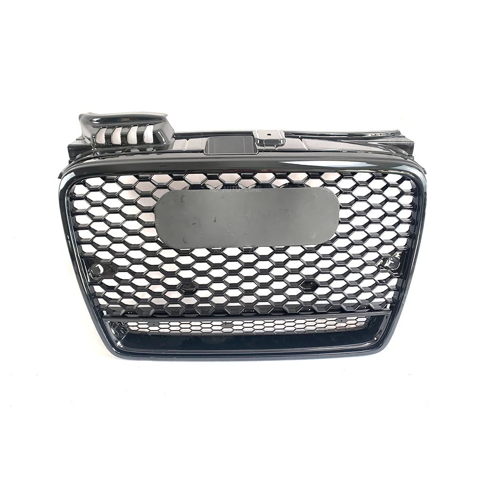Upgrade RS4 Style Glossy Black Front Grille Fit For Audi A4 B7 2004-2008 Racing Grill W/ Quattro Letters W/ Black Emblem