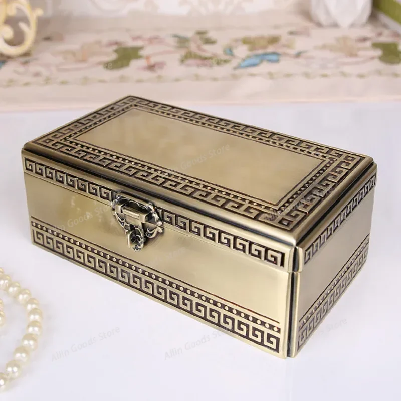 European Rectangular Metal Jewelry Case, Oversize Storage Chest, Desktop Organizer with Lock for Rings and Accessories