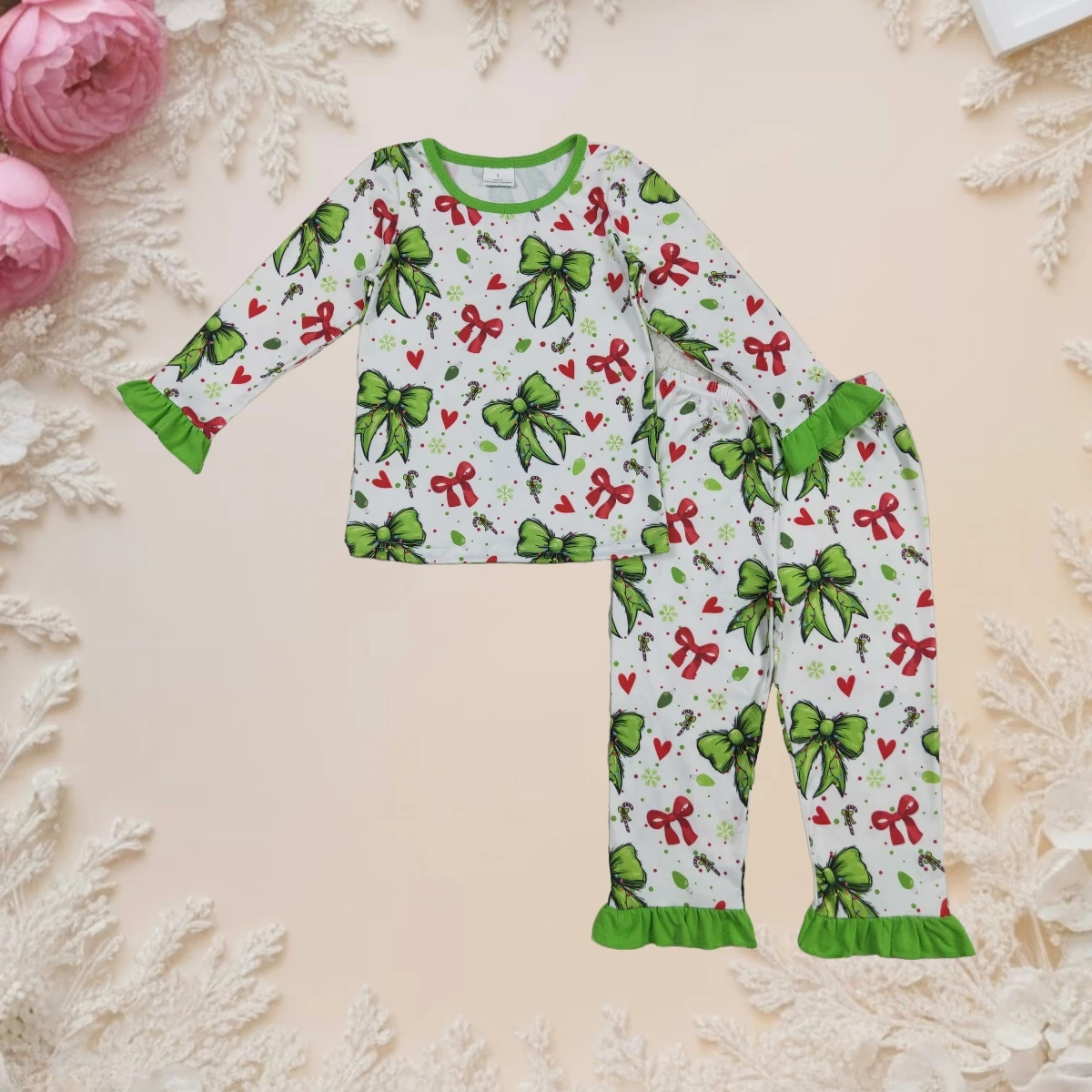 

Toddler Girl 2Pcs Pajamas Set Long Sleeve Christmas Green Red Bow Hearts Fall Cute Cozy Sleepwear Loungewear Outfit Kids Fashion