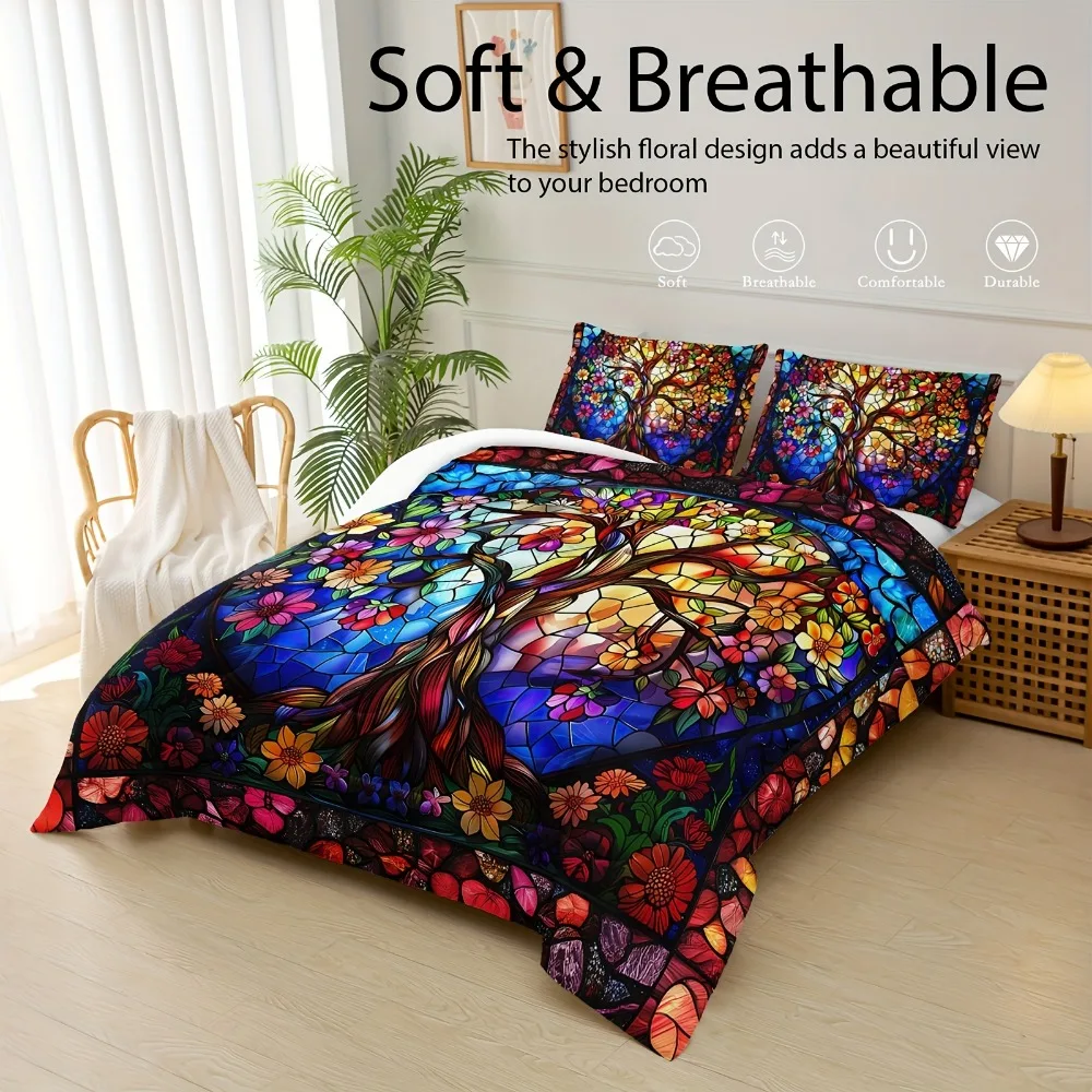 3pcs Bedding Set Colorful Sacred Life of Tree Print Cozy Duvet Cover Set King Queen Twin Single Size Birthday Gift Bedroom Decor