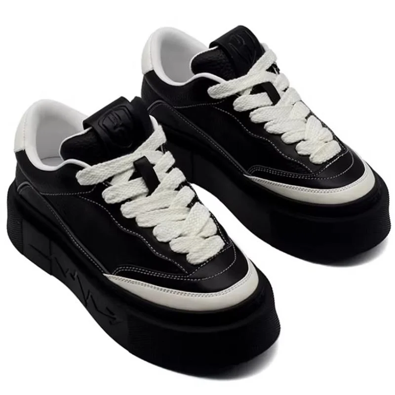 Thick-soled Platform Shoes For Men Genuine Leather Street Skate Shoes Low-top Casual Leather Shoes Height-increasing Sneakers