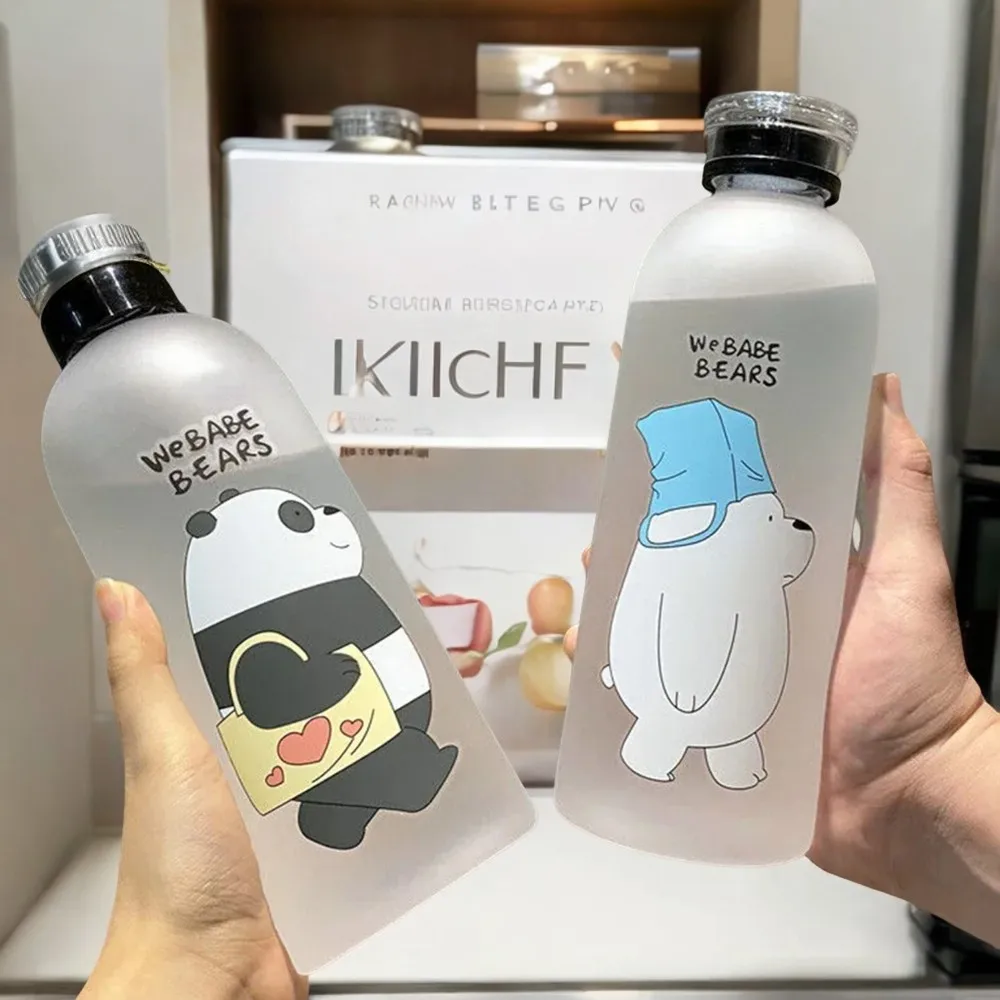 Frosted Kawaii Cute Panda 1000ml Water Bottles with Straw - Cartoon Protein Shaker Cup, Transparent Drinkware Gourd Drinks Milk