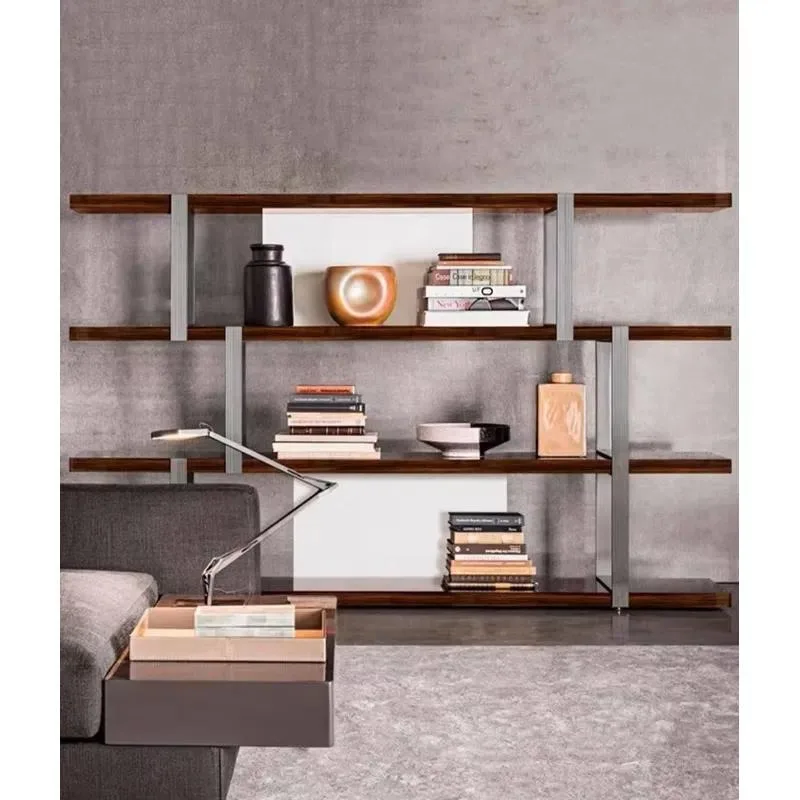 Luxury Solid Wood Smoked Veneer Bookcase High End Indoor Household Storage Cabinet Piano Paint Stainless Steel Space Saving