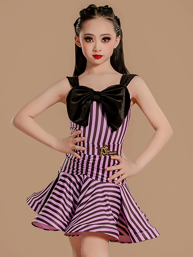 Paarse strepen strik Latin danskleding kindermeisjes bodysuit en vouw swing rokken pak ballroom danskleding trainingskostuums