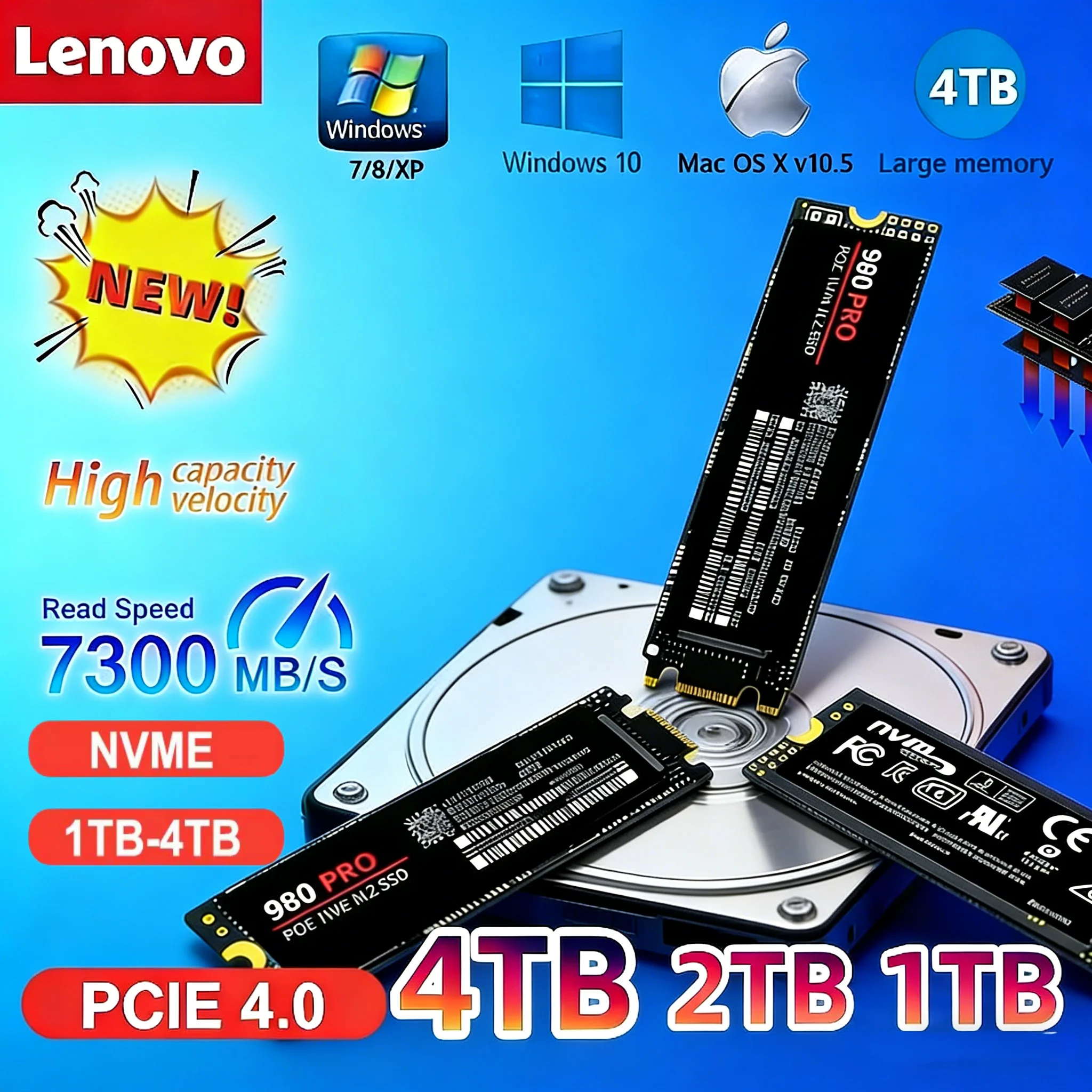 

Lenovo 980Pro 990Pro Gaming SSD NVMe PCIe 4.0 M.2 2280 1TB 2TB 4TB 7400MB/s High Speed Internal Drive for Laptop Desktop